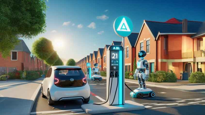 A futuristic EV charging station with AI-powered robots and vehicles in a UK neighbourhood.